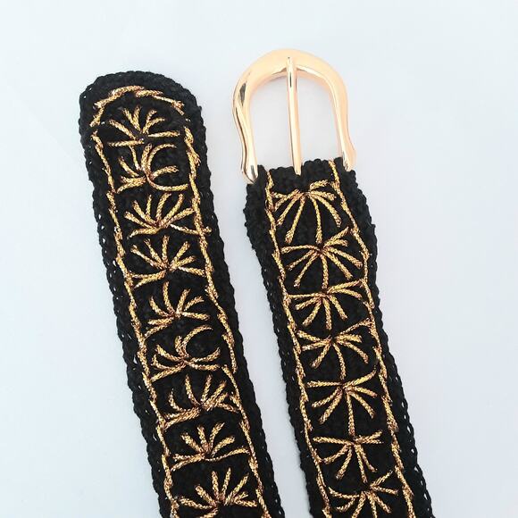 Handcrafted Black Boho Lux Crochet Belt With Gold Tone Starburst Embroidery - Picture 6 of 10